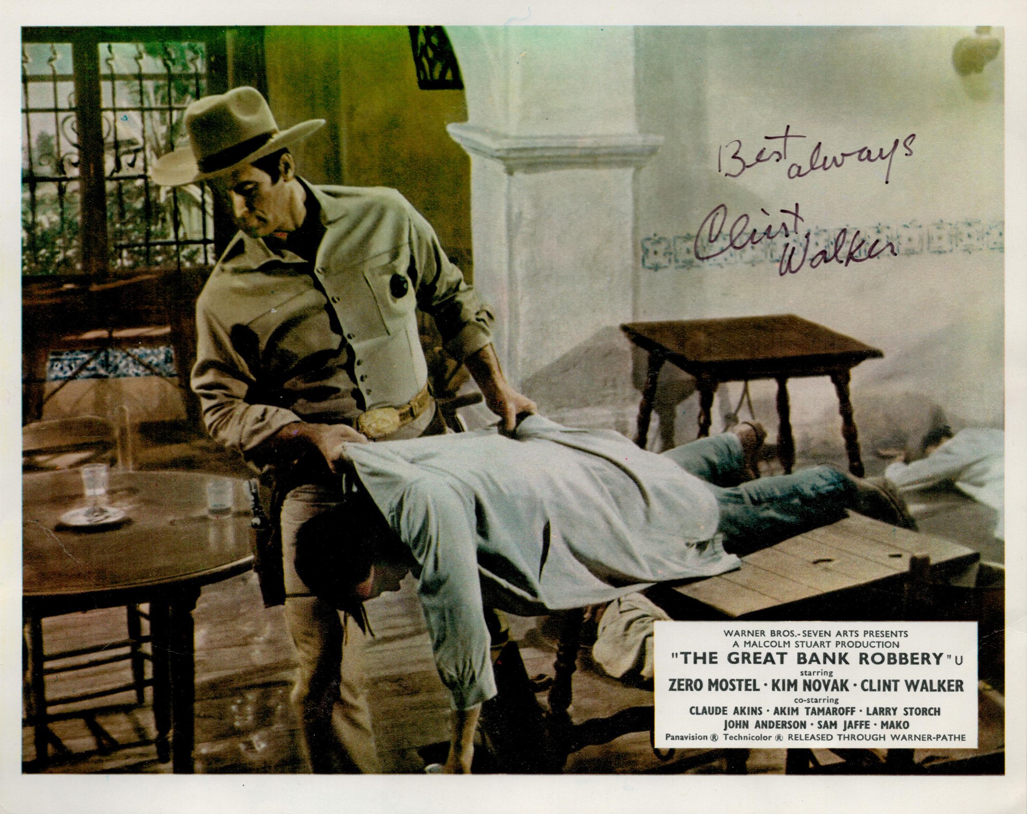 Clint Walker (1927 2018) Actor Signed The Great Bank Robbery 8x10 Movie Still Lobby Photo. Good