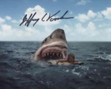Jaws, stunning 8x10 photo signed by Jeffrey Woorhees, pictured in that legendary horrific scene from