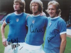 Autographed Manchester City 16 X 12 Photo colour, Depicting Rodney Marsh, Colin Bell And Denis Law