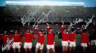 Manchester United legends multi signed 12x8 colour photo signatures included are Nobby Stiles, David