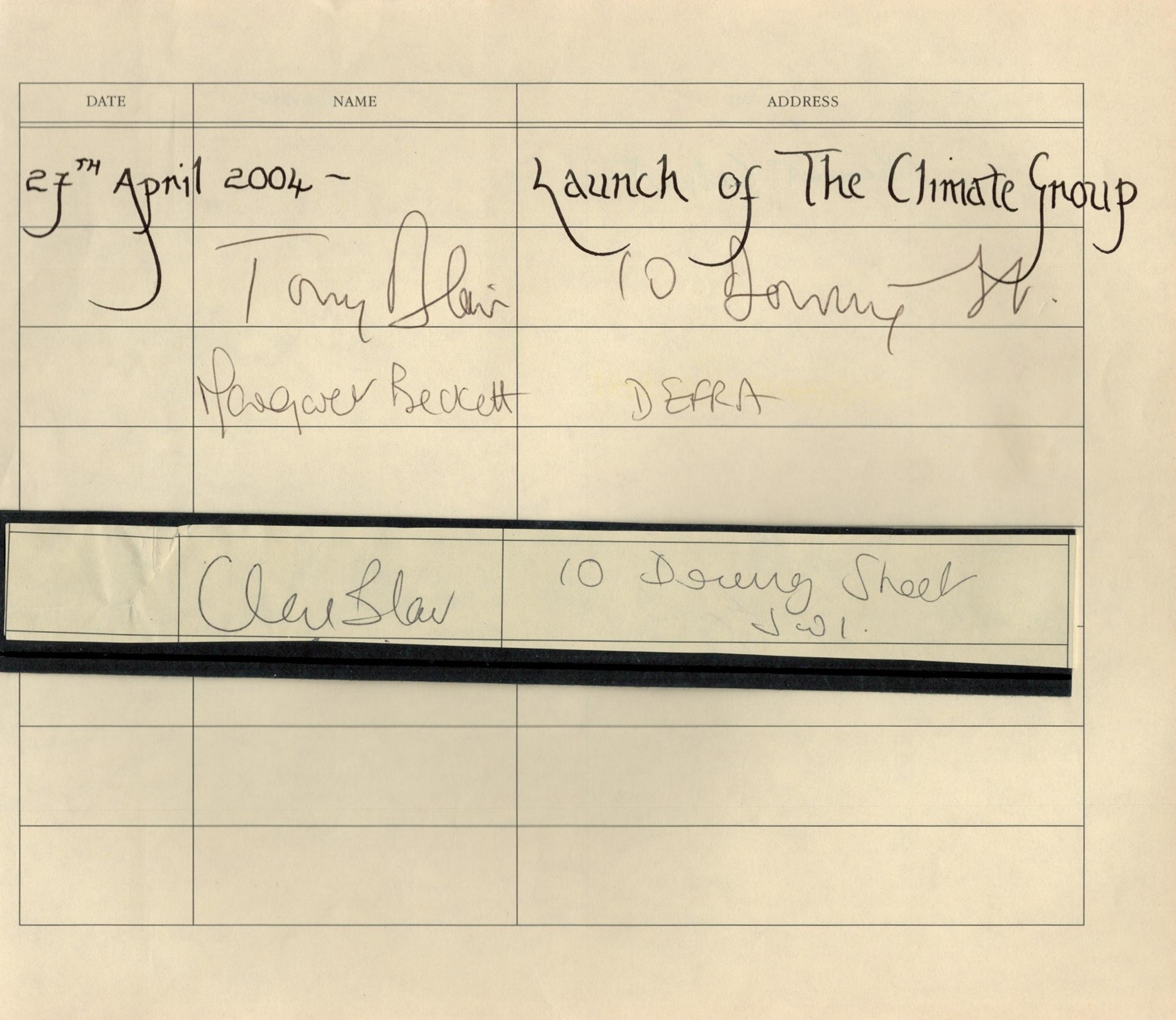 Tony Blair and Margaret Beckett signed visitors book page and Cherie Blair signed Visitors Book page