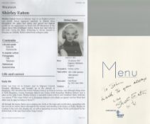 Shirley Eaton Signed Dinner Menu. Dinner menu from 9th May 2003 Autographica Dinner. Eaton is an