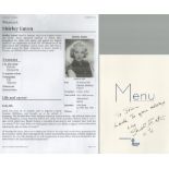 Shirley Eaton Signed Dinner Menu. Dinner menu from 9th May 2003 Autographica Dinner. Eaton is an