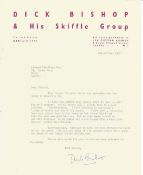 Music Dick Bishop TLS typed signed letter dated 1957 on Skiffle Band letterhead. Good content.