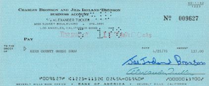 Actors, Charles Bronson and Jill Ireland signed cheque dated 1978. This cheque was addressed to Kern