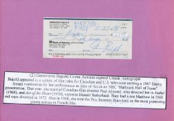 Genevieve Bujold signed personal cheque attached to A4 sheet with corner tab. Actress. Good