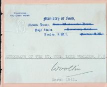 Lord Woolton signature piece taken from Ministry of Food letterhead with biography. Political