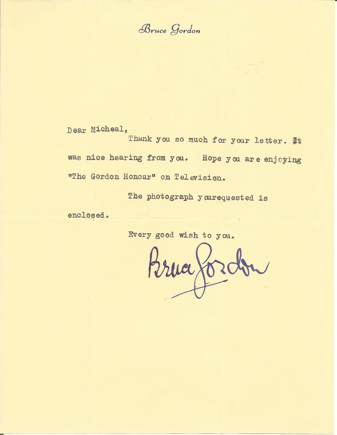 Actor Untouchables Bruce Gordon typed signed letter replying to an autograph request on his own