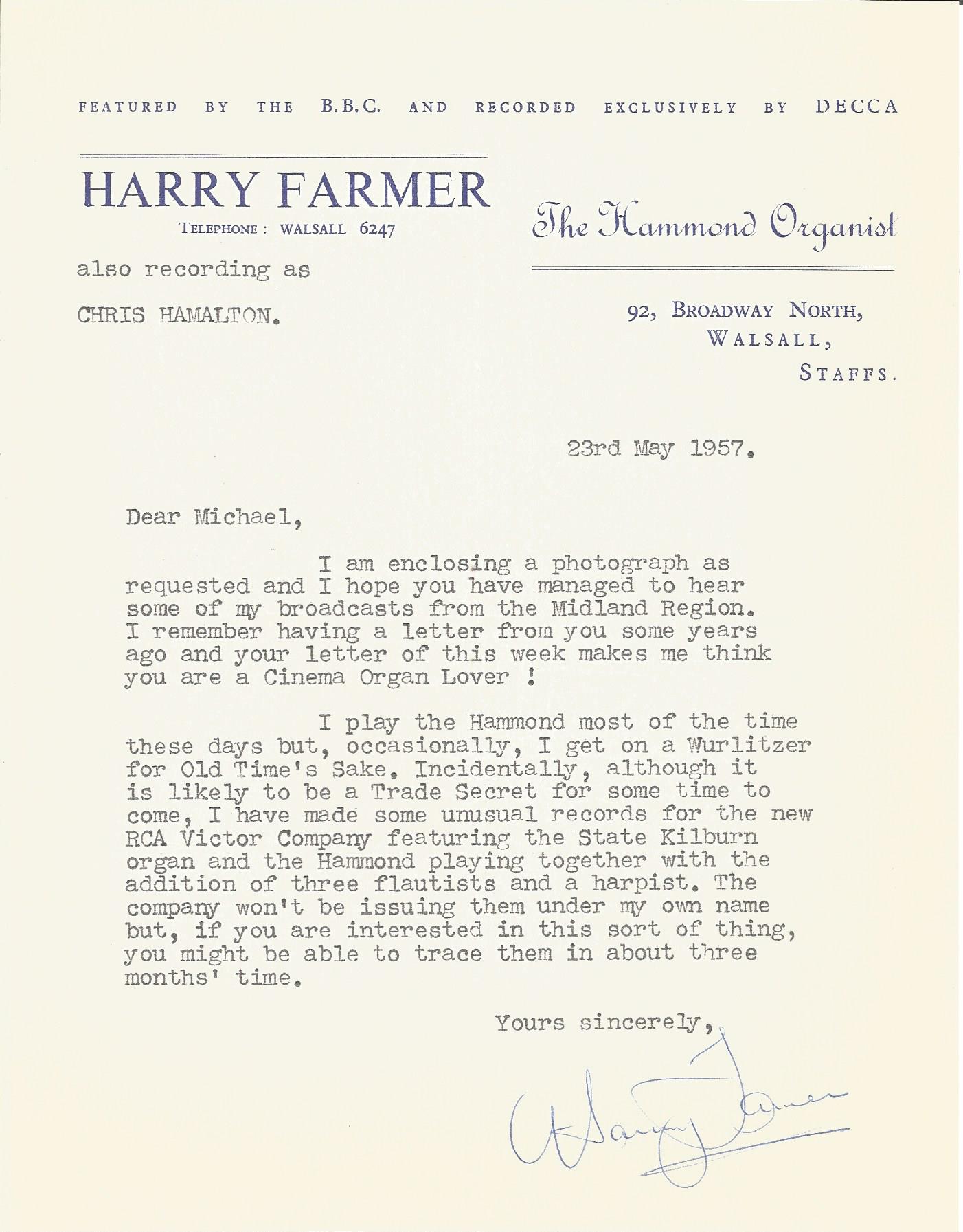 Music Harry Farmer organist typed signed letter 1957 on his own letterhead with good content. Good