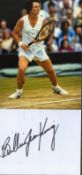 Billie Jean King Tennis legend signed 6 x 4 white card. Accompanying the signed card is an