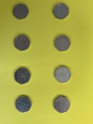 Collection of 8 Collectable 50 pence pieces. Coins include celebrating 100 years of Girlguiding Uk