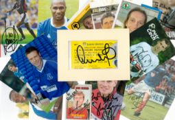 Top Flight Football Collection of 14 Fantastic Signatures on Photos, 1 Trading Card and 1 Ticket