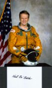 NASA astronaut Karol J. Bobko signed 5 x 3 white card. Karol J. Bobko a veteran of three Space