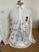 Classic England Rugby shirt signed by 23 Ex England International players. The signatures on the