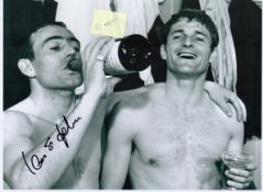 Ian St John Signed 16x12 Black and White Photo Showing St John Drinking Champagne from the Bottle