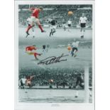 Football Sir Geoff Hurst signed 16x12 1966 World Cup Final colourised montage print. Good condition.