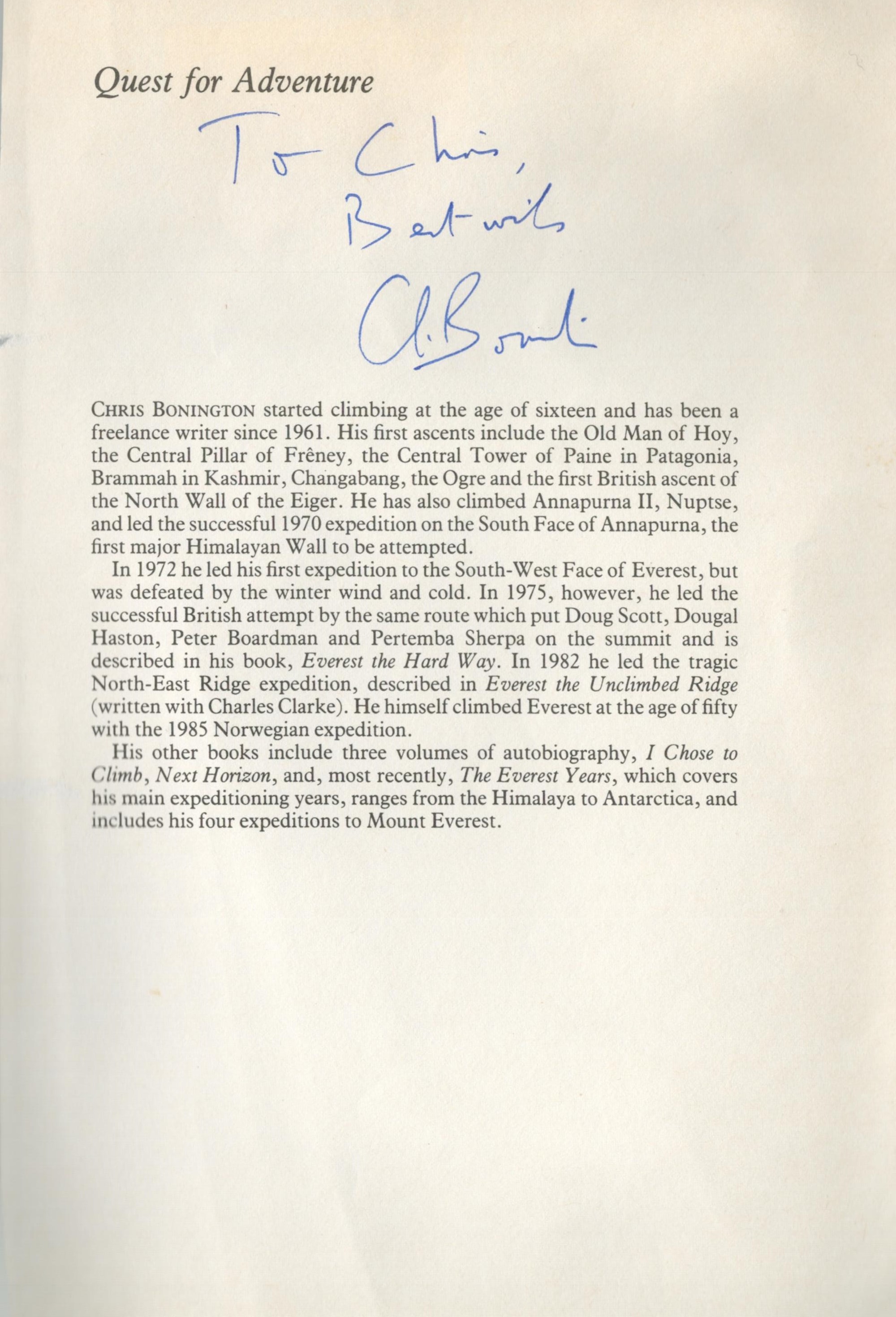 British mountaineer Sir Chris Bonington signed Quest for Adventure loose 9x6 book page. Good