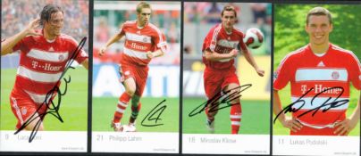 Bayern Munich Collection of 4 Signed Colour Promo Cards. Signatures include Lukas Podolski, Miroslav