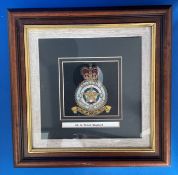 Squadron Royal Air Force Emblem mounted in frame with name Flt. W.G.A. Shepherd. Good condition. All