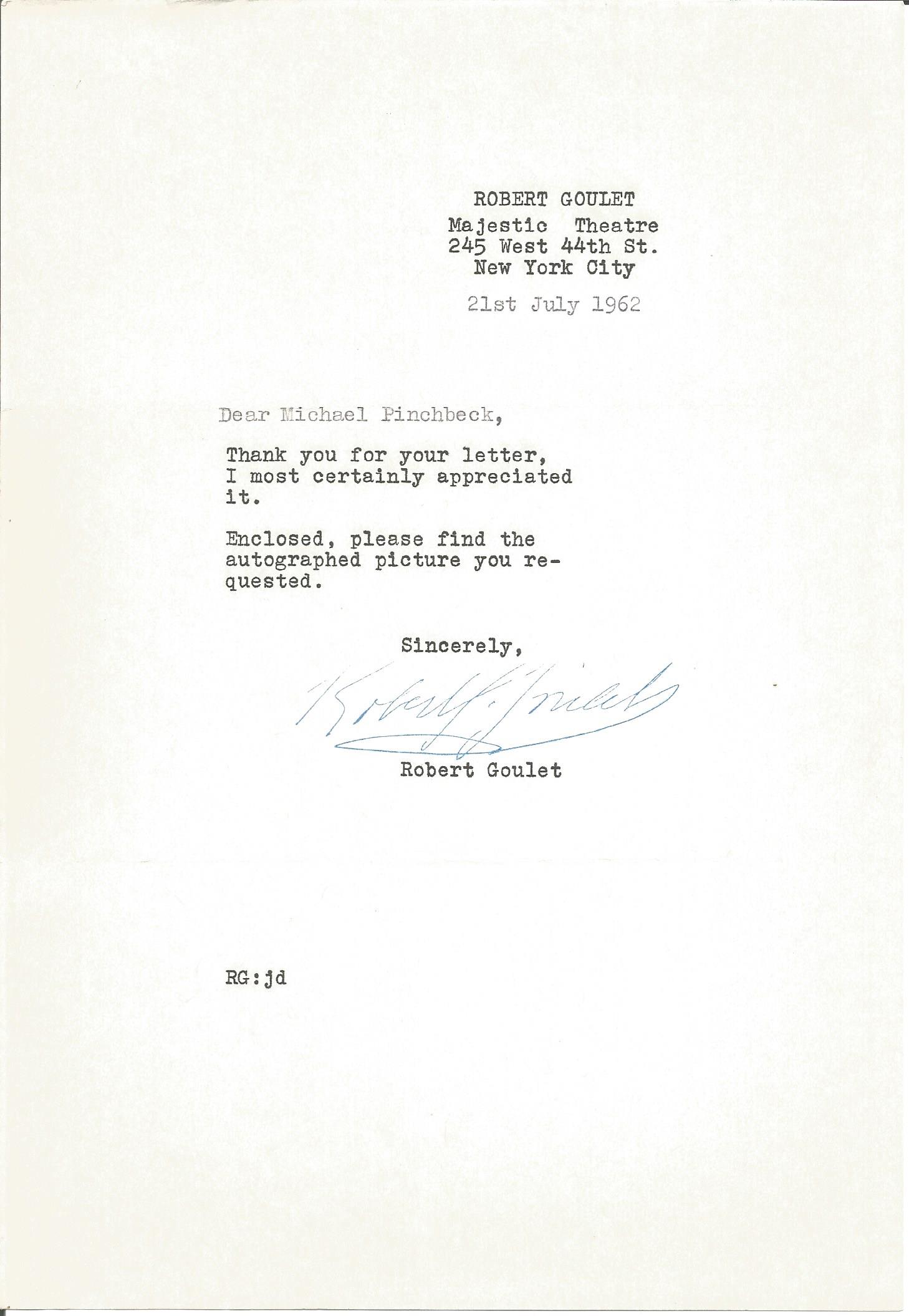 Actor Robert Goulet typed signed letter replying to an autograph request 1962. Robert Gérard