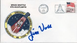 James S. Voss Signed First Day Cover. Portraying the badge for the Space Shuttle Atlantis Mission