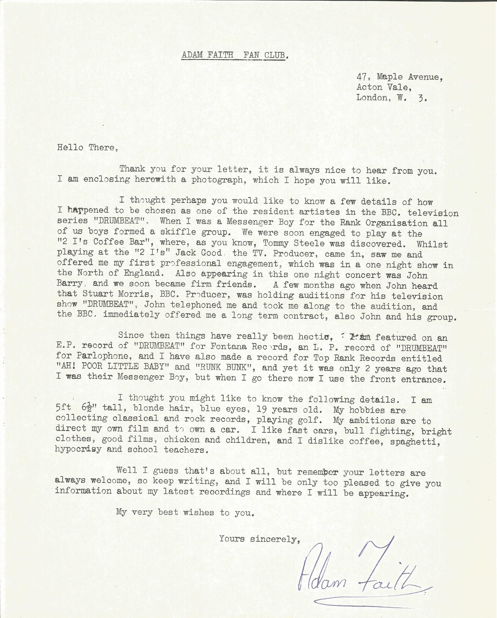 Music Adam Faith typed signed Fan Club letter with good content about his career. Terence Nelhams