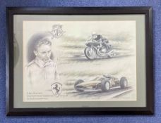 Racing Legend John Surtees CBE Hand signed 30x22 Colour Print. Set within a Black wooden frame.