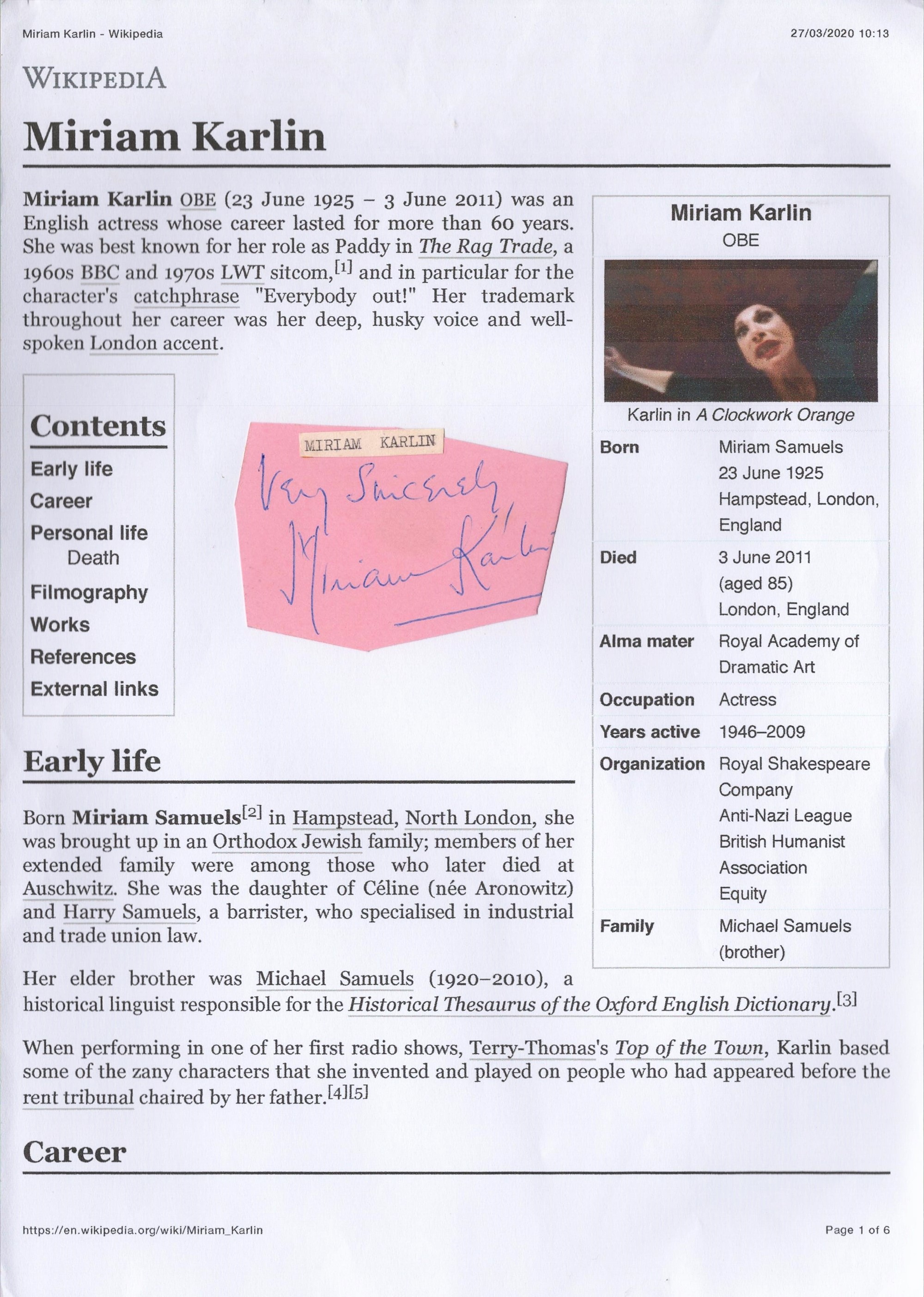 Miriam Karlin signed 3x2 irregular album page cutting. Miriam Karlin OBE (23 June 1925 – 3 June