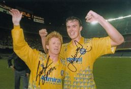 Autographed Leeds United 12 X 8 Photo - Col, Depicting Gordon Strachan And Jon Newsome Celebrating