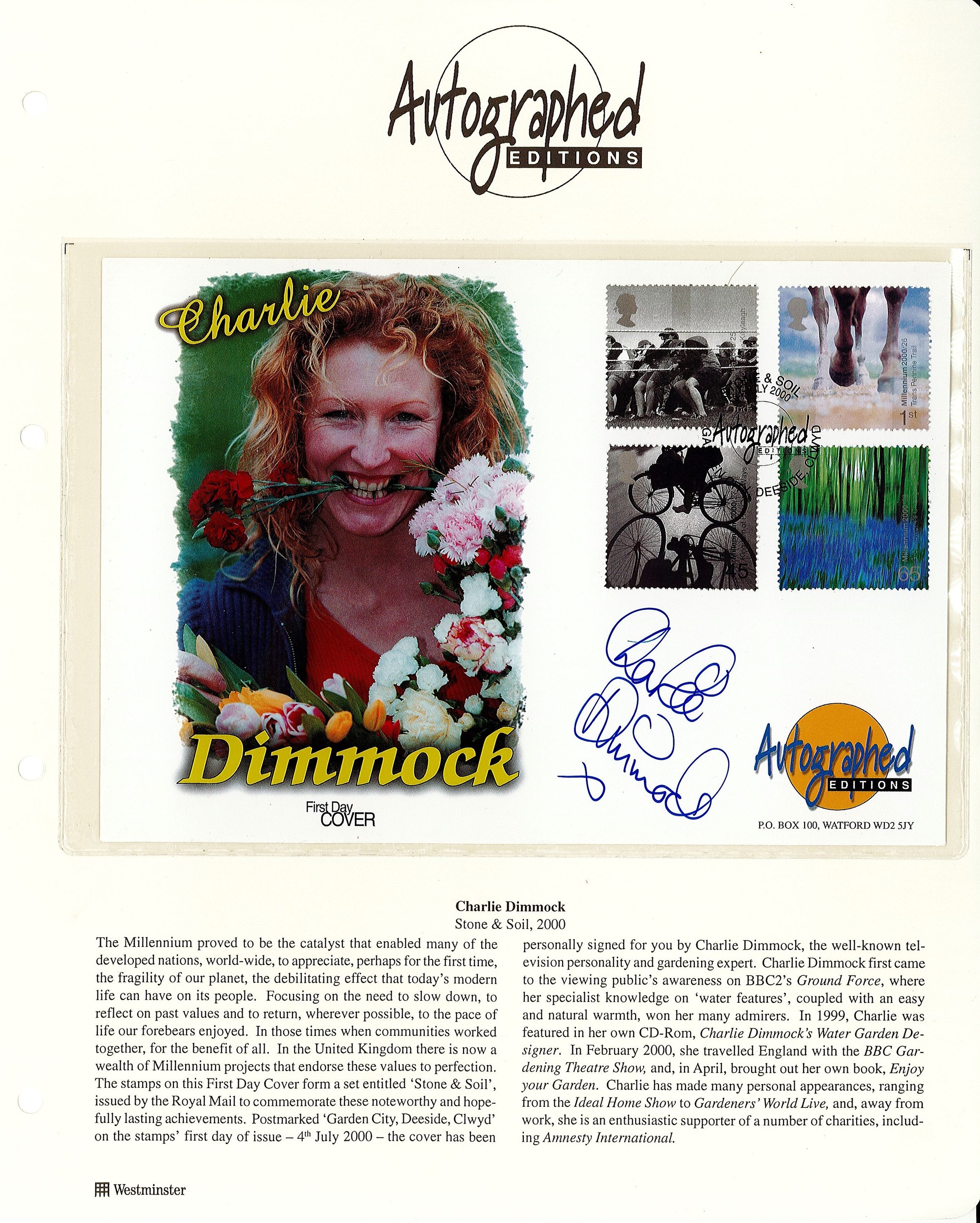 Charlie Dimmock signed Autograph Editions Official Stone and Soil FDC post marked July 2000, set