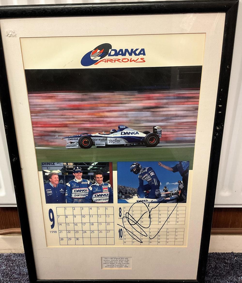 F1 Legend Pedro Diniz Personally Signed 'Danka Arrows' Calendar Sheet at Silverstone in 1998. Set