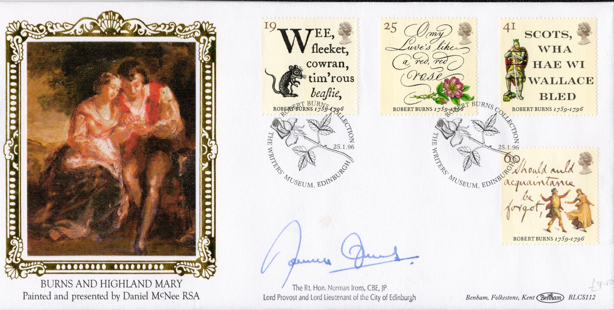 Norman Irons signed Benham cover commemorating Burns and Highlands Mary. This beautiful cover