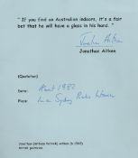 Politics, Jonathan Aitken Signed Quotation A4 card. Jonathan William Patrick Aitken (born 30