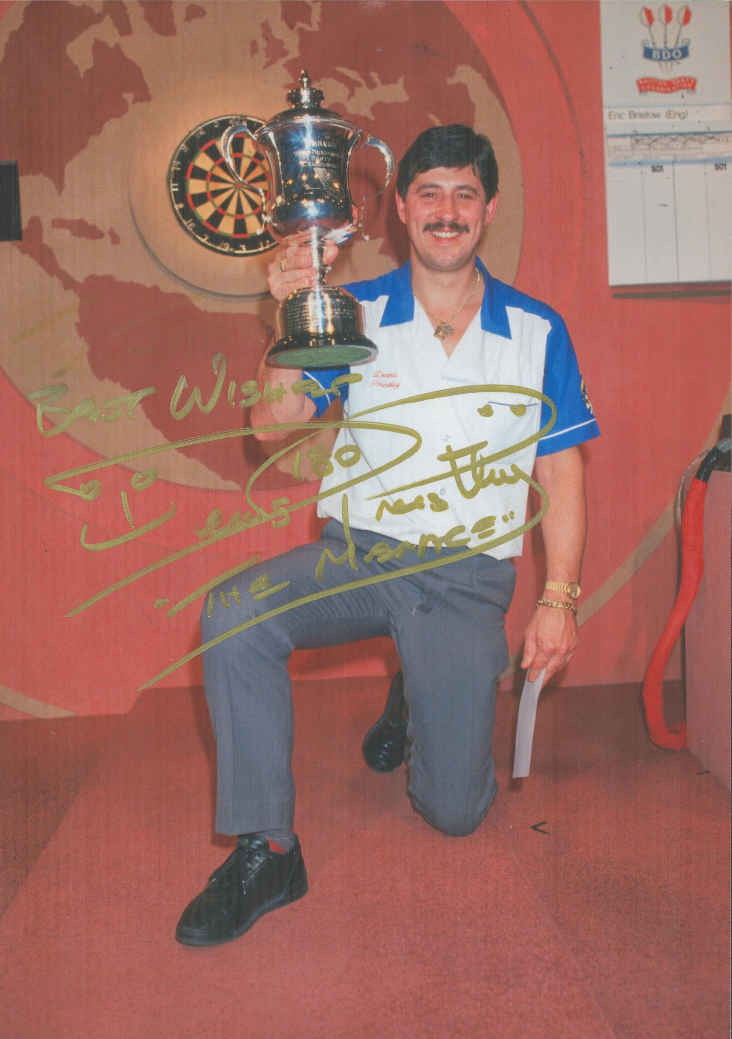 Darts Dennis Priestley Hand signed 10x8 Colour Photo showing Priestley with a Darts Trophy. Signed