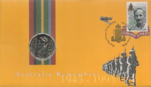 Australia Remembers 1945 1995 coin cover. St Kilda 20/4/1995 FDI postmark. Good condition. All