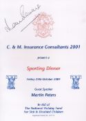Football Martin Peters signed Sporting Dinner Menu dated 29th October 2004. Good condition. All