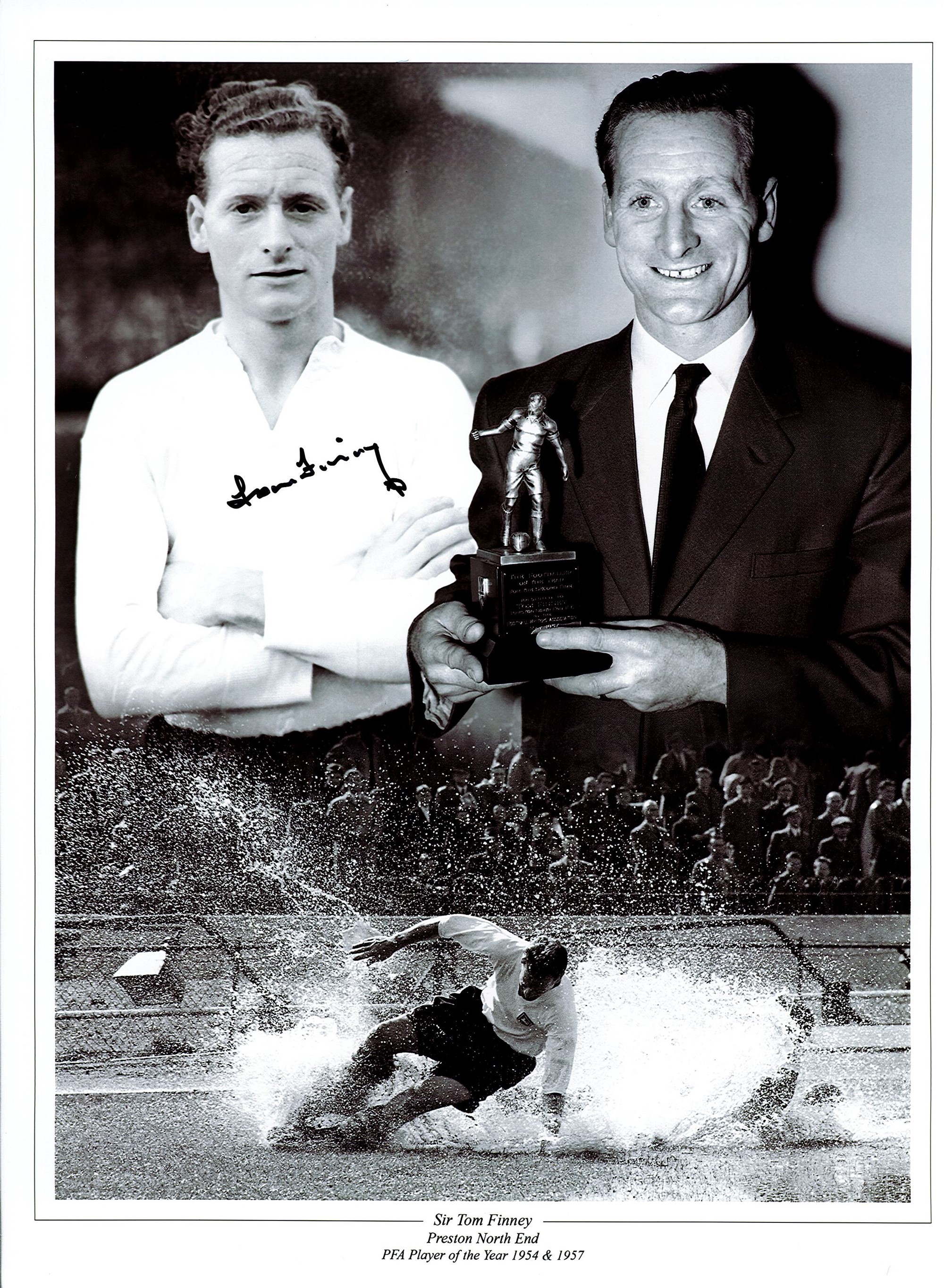 Football Tom Finney signed 16x12 Preston North End black and white montage photo. Good condition.