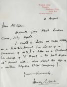 WW2 Admiral Leach handwritten letter. An A5 sized letter addressed to a Mr Ogden. From Admiral Henry