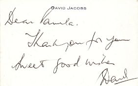 David Jacobs ALS white headed card. Jacobs was a British broadcaster perhaps best known as presenter