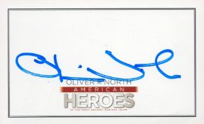 US Army Gen Oliver North signed white 4 x 3 inch card. Good condition. All autographs come with a