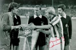 English Football Legend Jimmy Greenhoff Hand signed 12x8 Black and White photo. James Greenhoff (