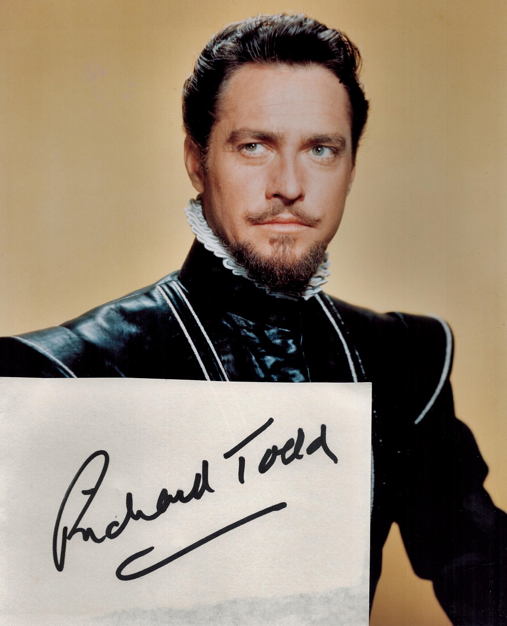 Actor, Richard Todd signature piece featuring a signed white card and a 10x8 colour photograph. Todd