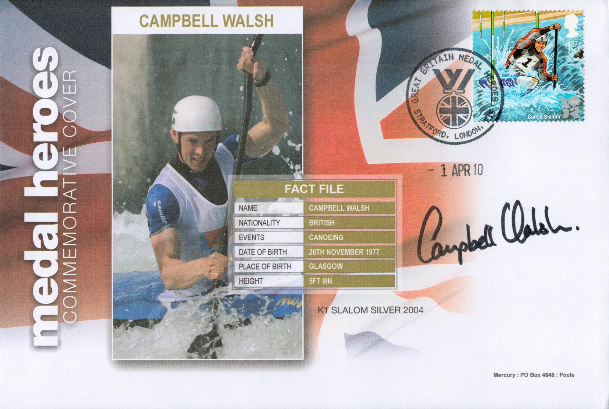 Olympics, Campbell Walsh signed Medal Heroes Commemorative Cover post marked 1st April 2010, London.