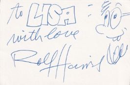 Rolf Harris, Australian Entertainer and Artist, Signed White Card with Sketch. Good condition. All