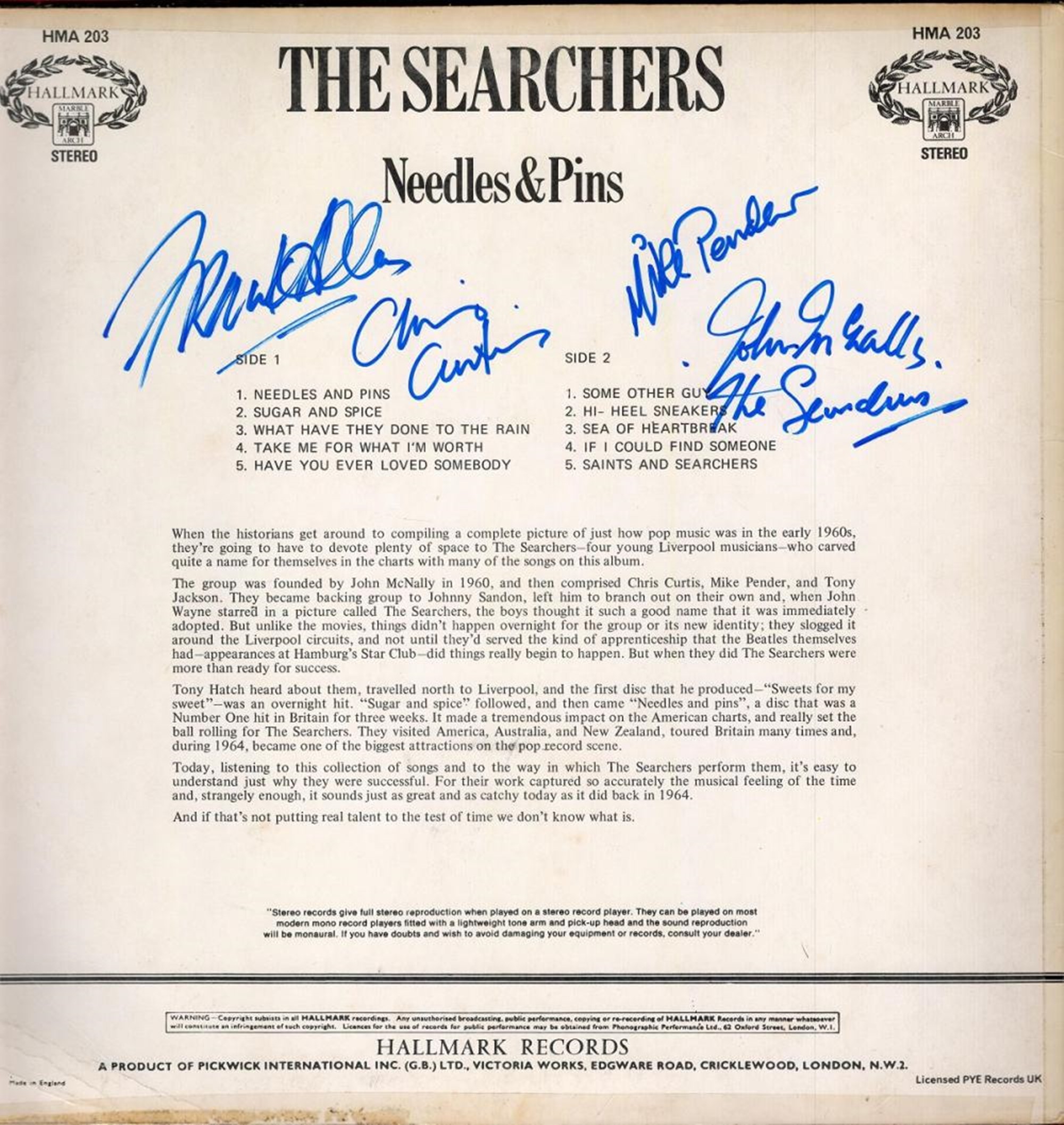The Searchers 1960s Band Fully Signed 1971 Lp Record 'Needles And Pins' By John Mcnally, Frank