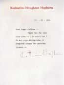 Actor, Katharine Hepburn TLS dated 25th March 1985. This lovely letter is on headed paper and is