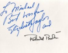 Elizabeth Taylor and Richard Burton signed 5x4 white card dedicated. Good condition. All