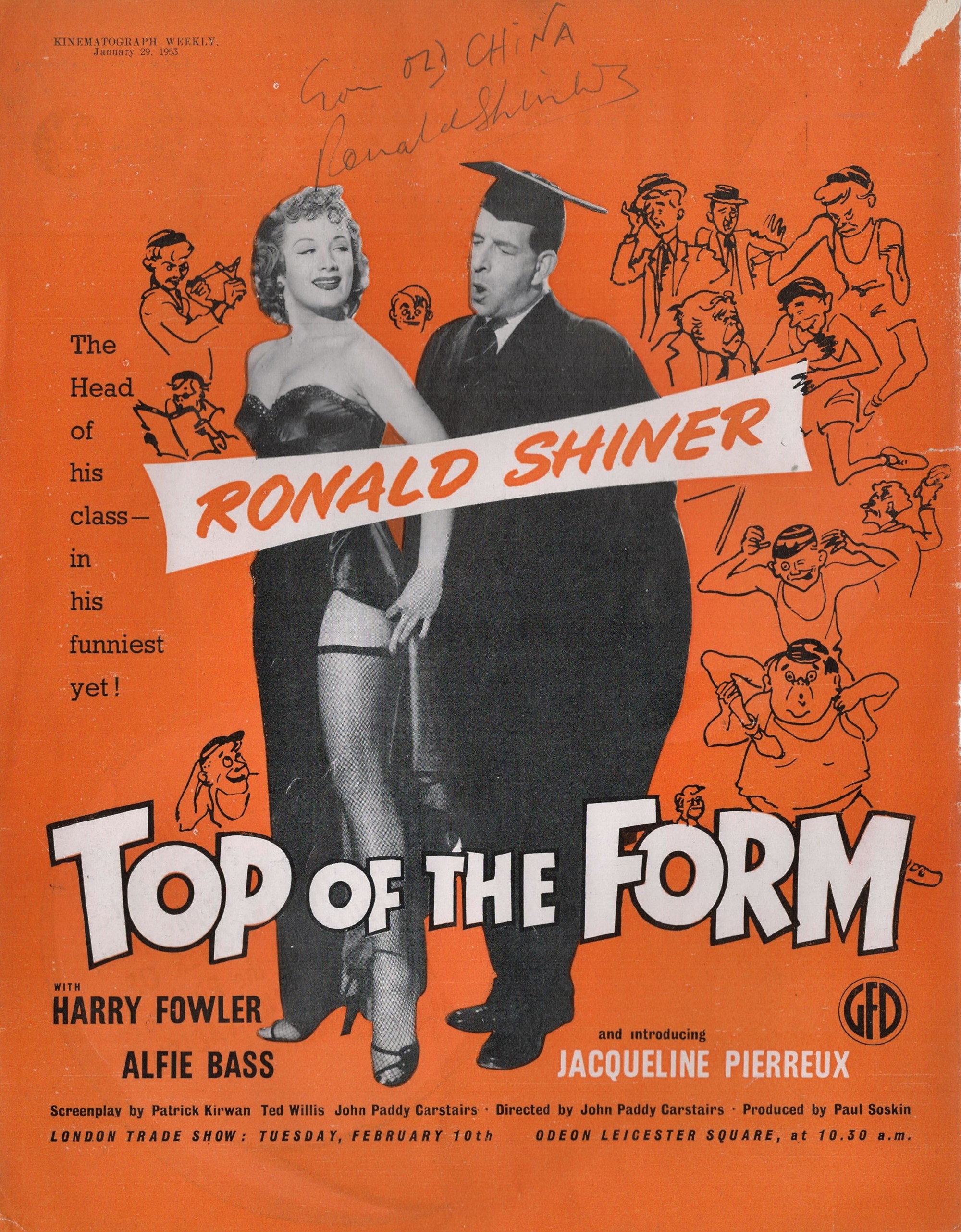 Ronald Shiner (1903-1966) Comedy Actor Signed 'Top Of The Form' 8.5x11 Picture. Good condition.
