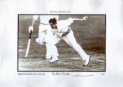 Fred Trueman signed 16x12 inch limited edition black and white print 7/50 titled Follow Through.