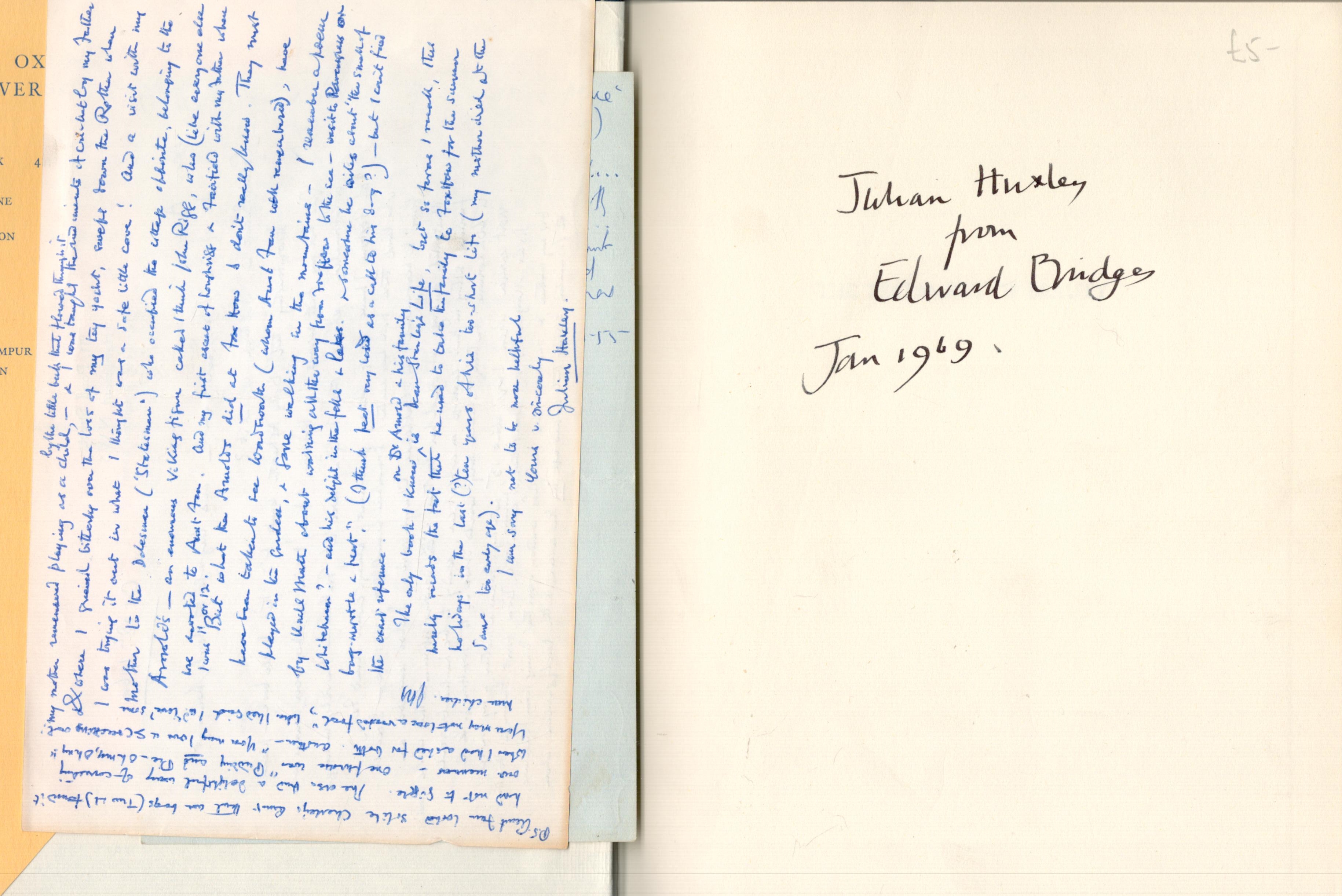 Sir Julian Huxley inscribed book and ALS dated Jan 1969 to him from Edward Bridges titled The - Image 2 of 4